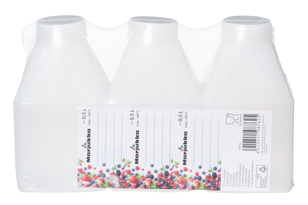 Kolme valkoista 0,5 litran pakastuspussia hedelmätarralla.