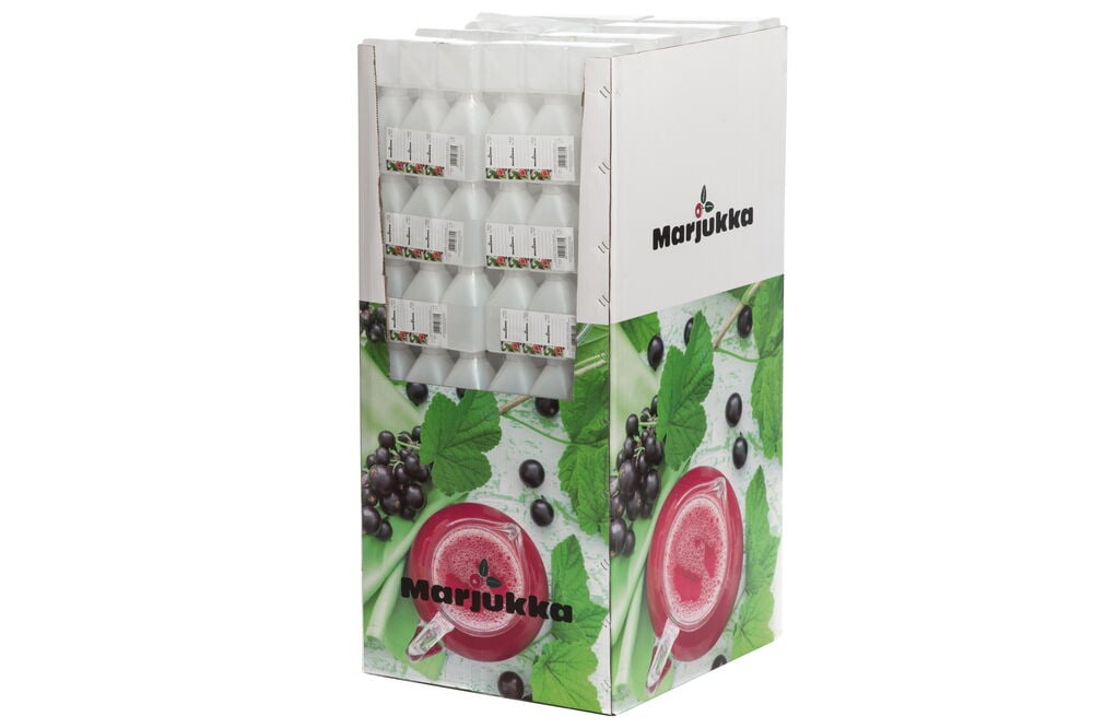 Pino valkoisia puoliläpinäkyviä pakaste-PET-pulloja pahvinäytössä.