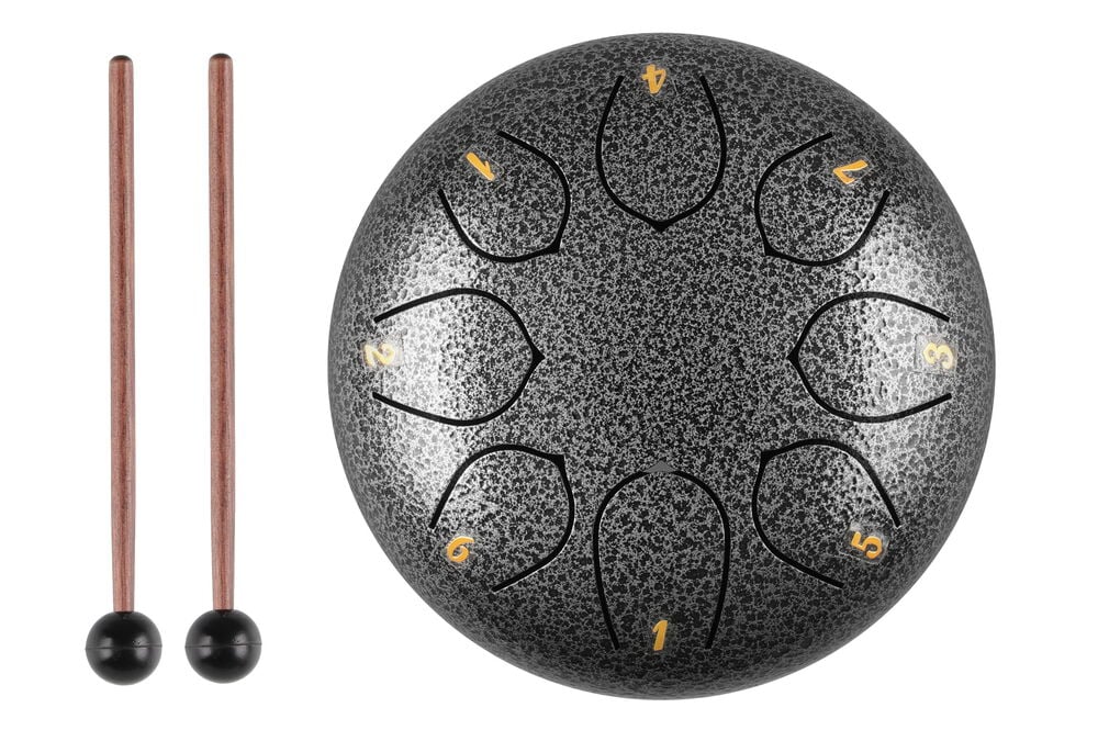 Musta sade rumpu, jossa on kahdeksan säveltä ja kaksi nuijaa.