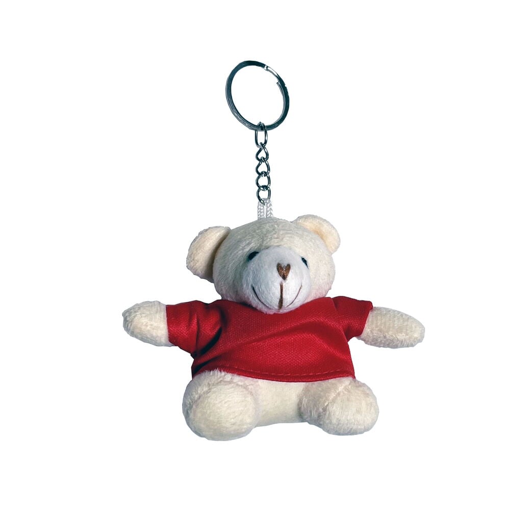 Beige nalle avaimenperä, jolla on punainen paita.