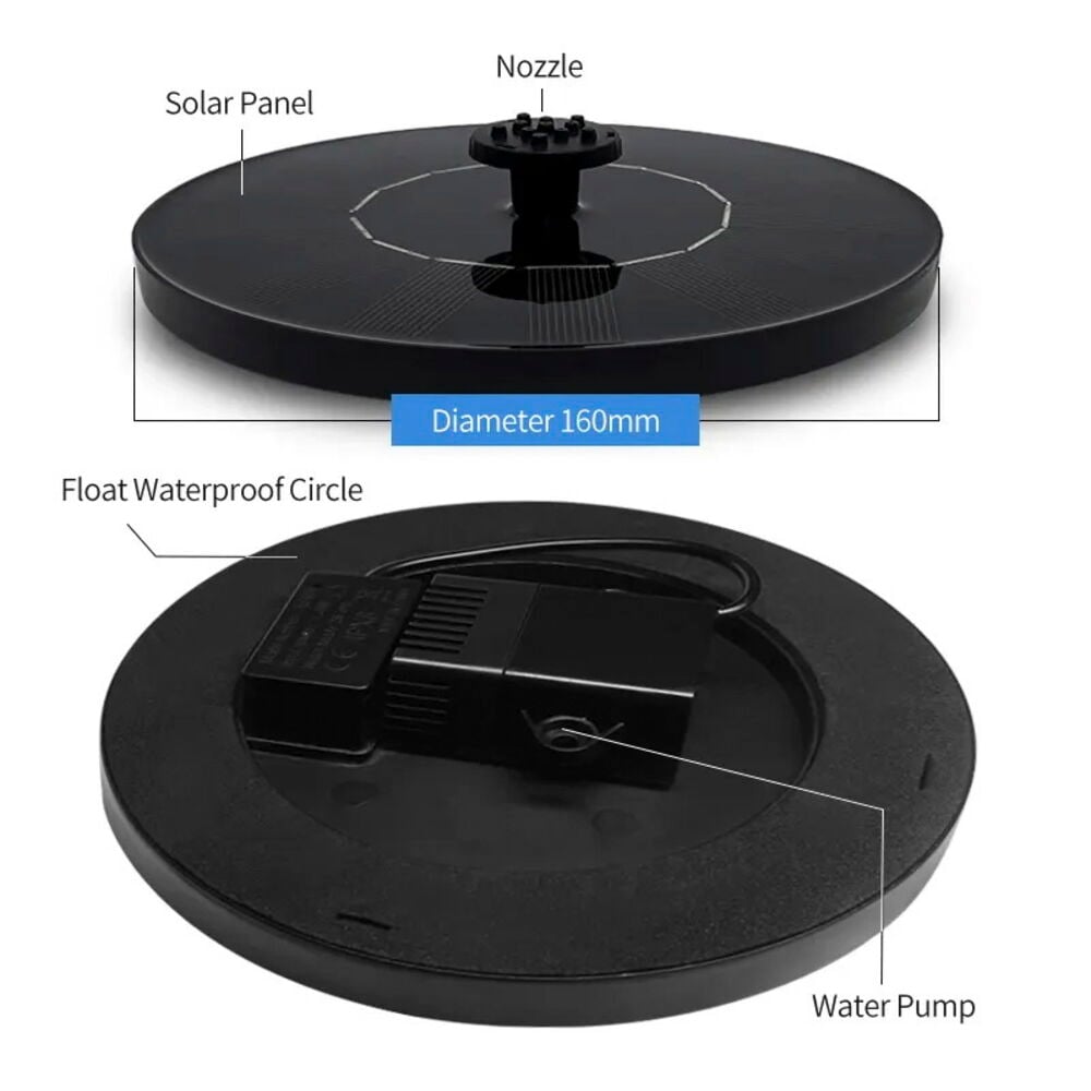 Musta Ogashi Kelluva aurinkosuihkulähde, halkaisijaltaan 160 mm, suuttimella, aurinkopaneelilla ja vesipumpulla.