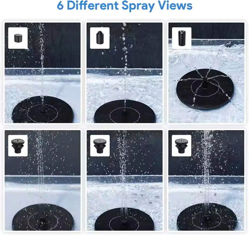 Ogashi Kelluva aurinkosuihkulähde esittelee 6 erilaista vesisuihkukuvioita vaihdettavilla mustilla suuttimilla.