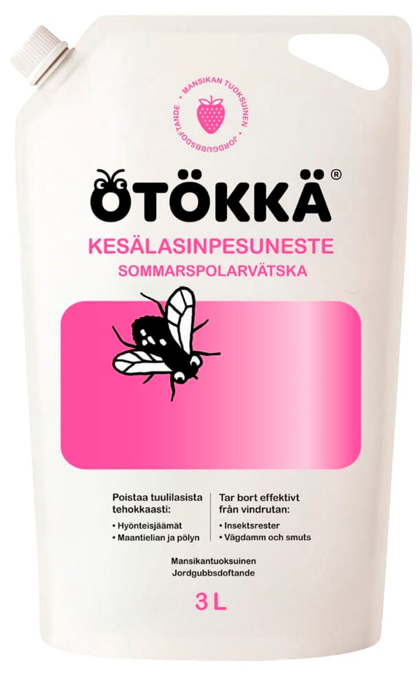 Valkoinen mansikan tuoksuinen Kesälasinpesuneste 3 l hyönteisjäämien ja lian poistoon.