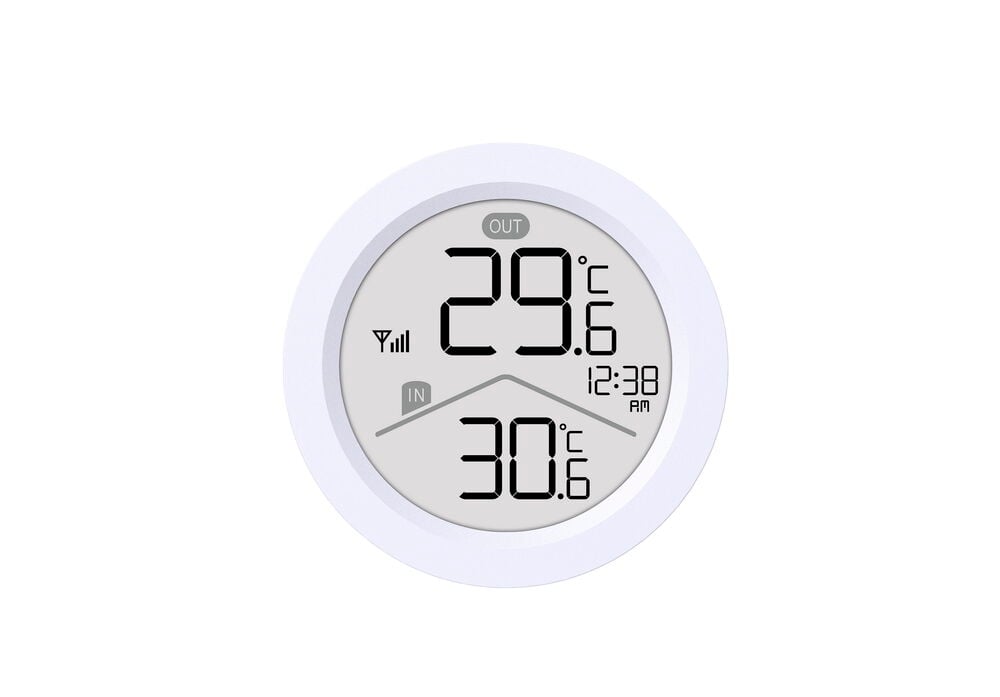Valkoinen pyöreä digitaalinen Lämpömittari näyttää ulkona 29,6°C, sisällä 30,6°C ja ajan 12:38 AM.