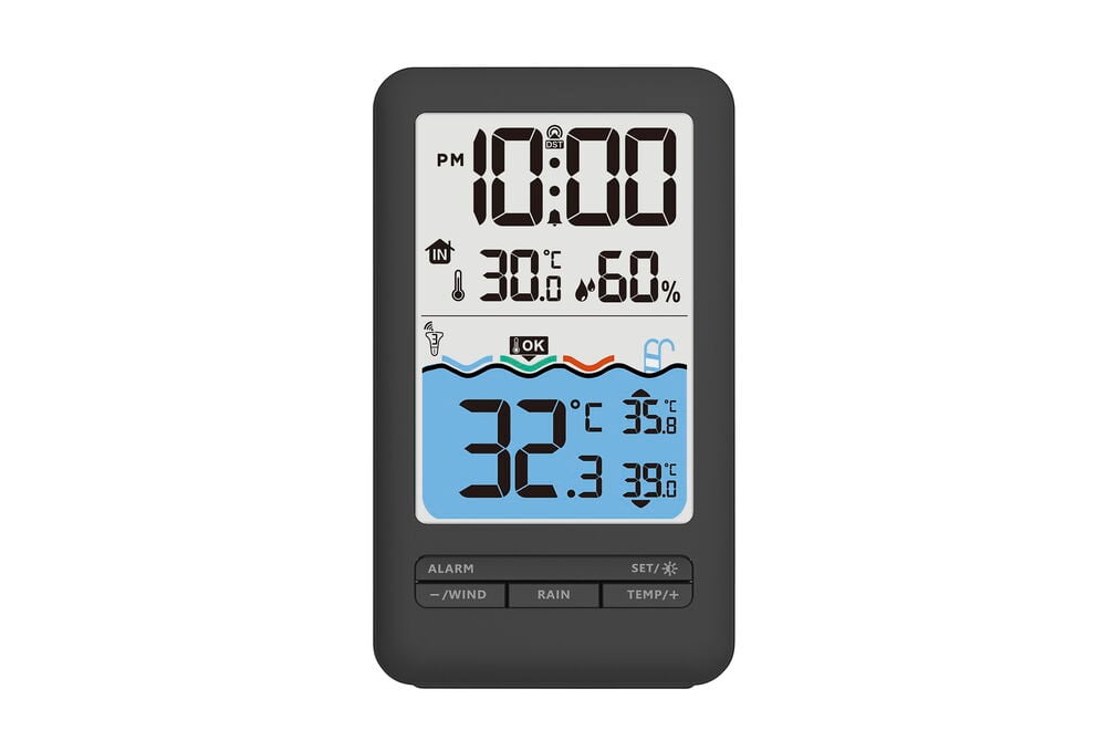 Vesi- ja ilmalämpömittari, musta suorakaiteen muotoinen laite LCD-näytöllä, näyttäen ajan, sisä- ja veden lämpötilan sekä kosteuden.