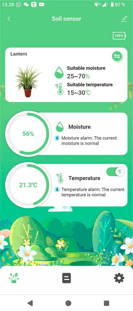Multa-anturi-sovellusliittymä näyttää nykyisen kosteuden 56% ja lämpötilan 21.3°C, sopivine vaihteluineen kasville.