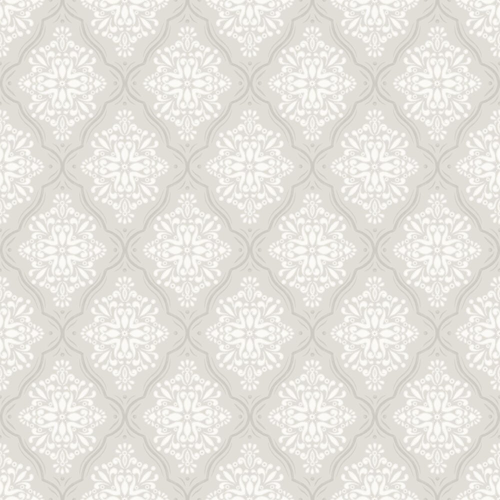 Graue Tapete mit dekorativem Muster und Medaillons.