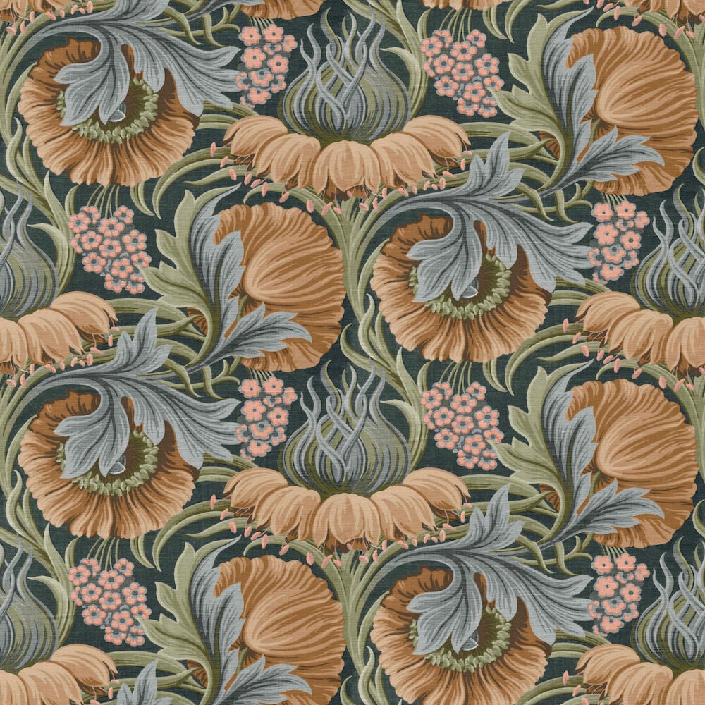 Orange Vliestapete mit Blumenranken.