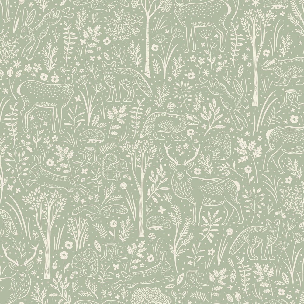 Vihreä tapetti, jossa on valkoinen metsäneläin- ja lehtikuvio.