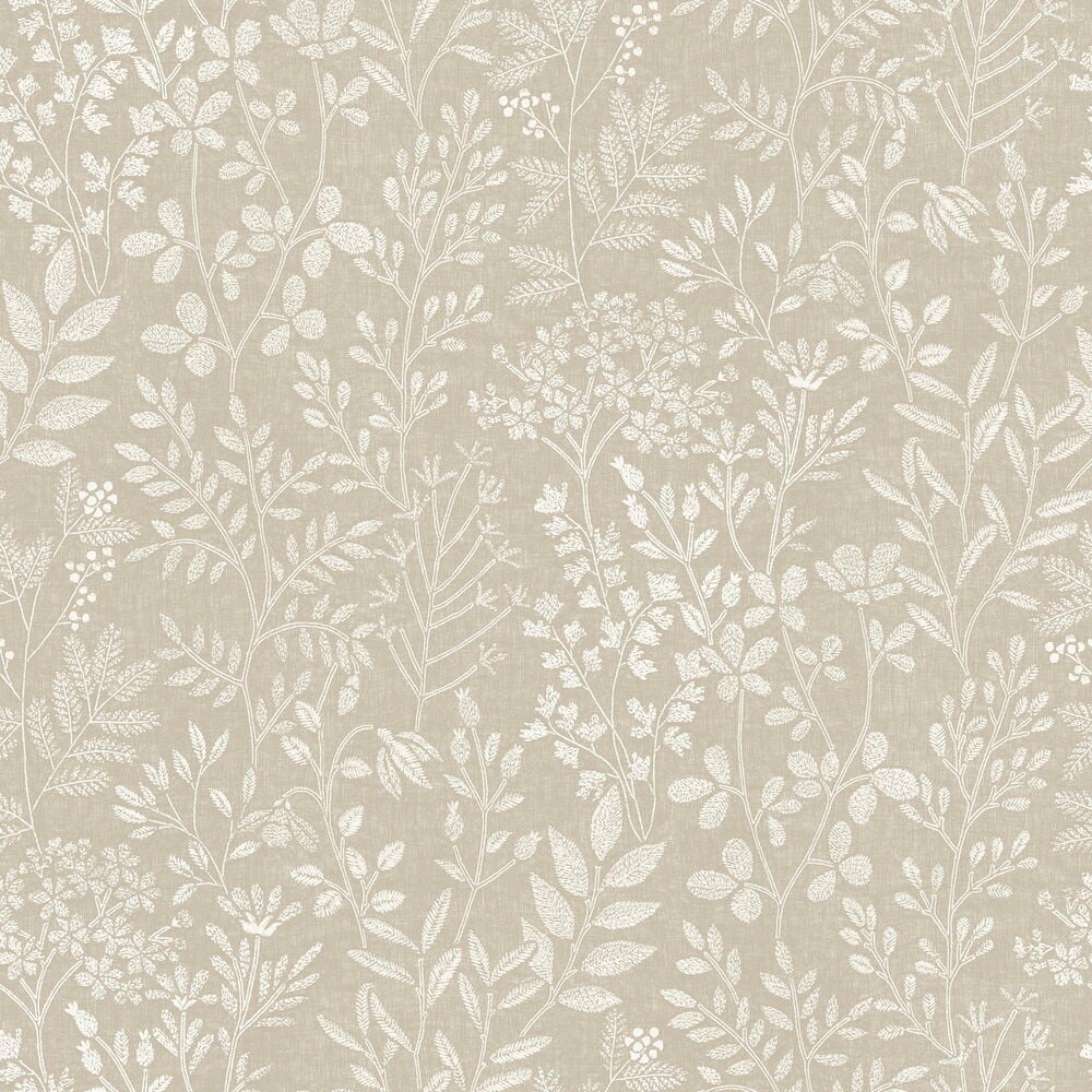 Beige tapetti valkoisella ompelemalla kuvioidulla orgaanisella kukka- ja lehtikuviolla.