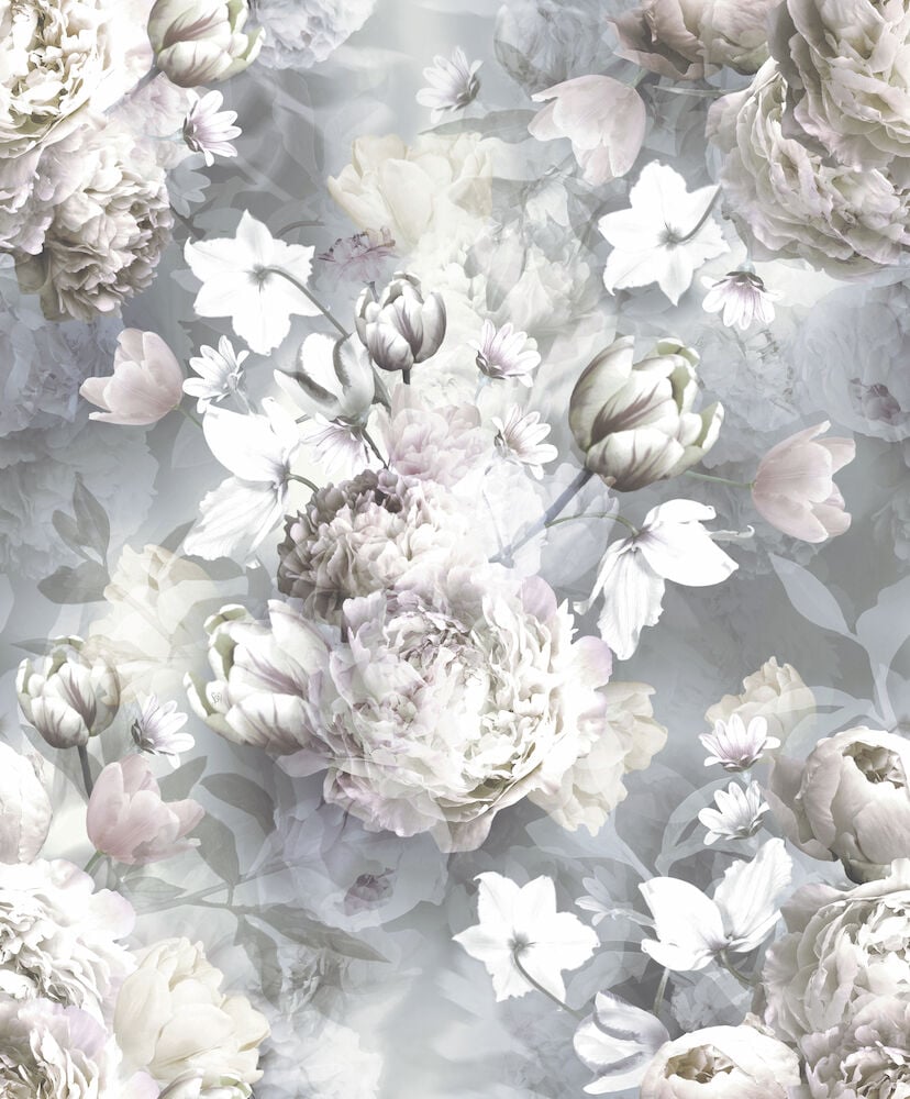 Pastellfarbene Tapete mit Blumenmuster in sanften Tönen.