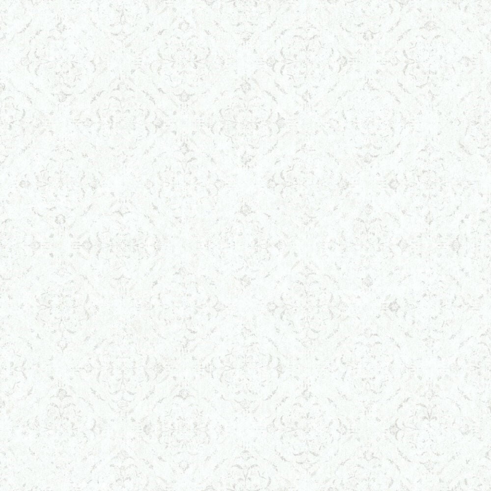 Ljusgrå tapet med diskret blommigt mönster.