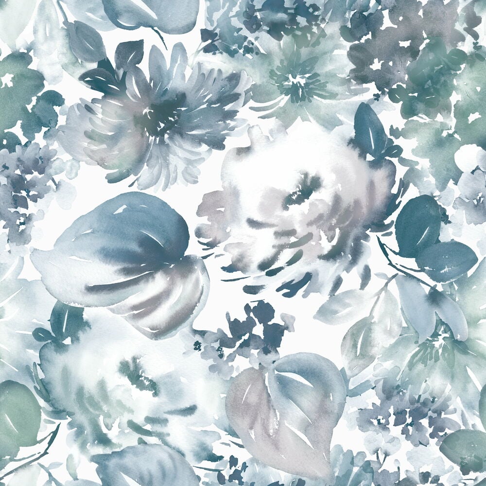 Grüne Blumntapete mit Aquarellmuster und Blättern.