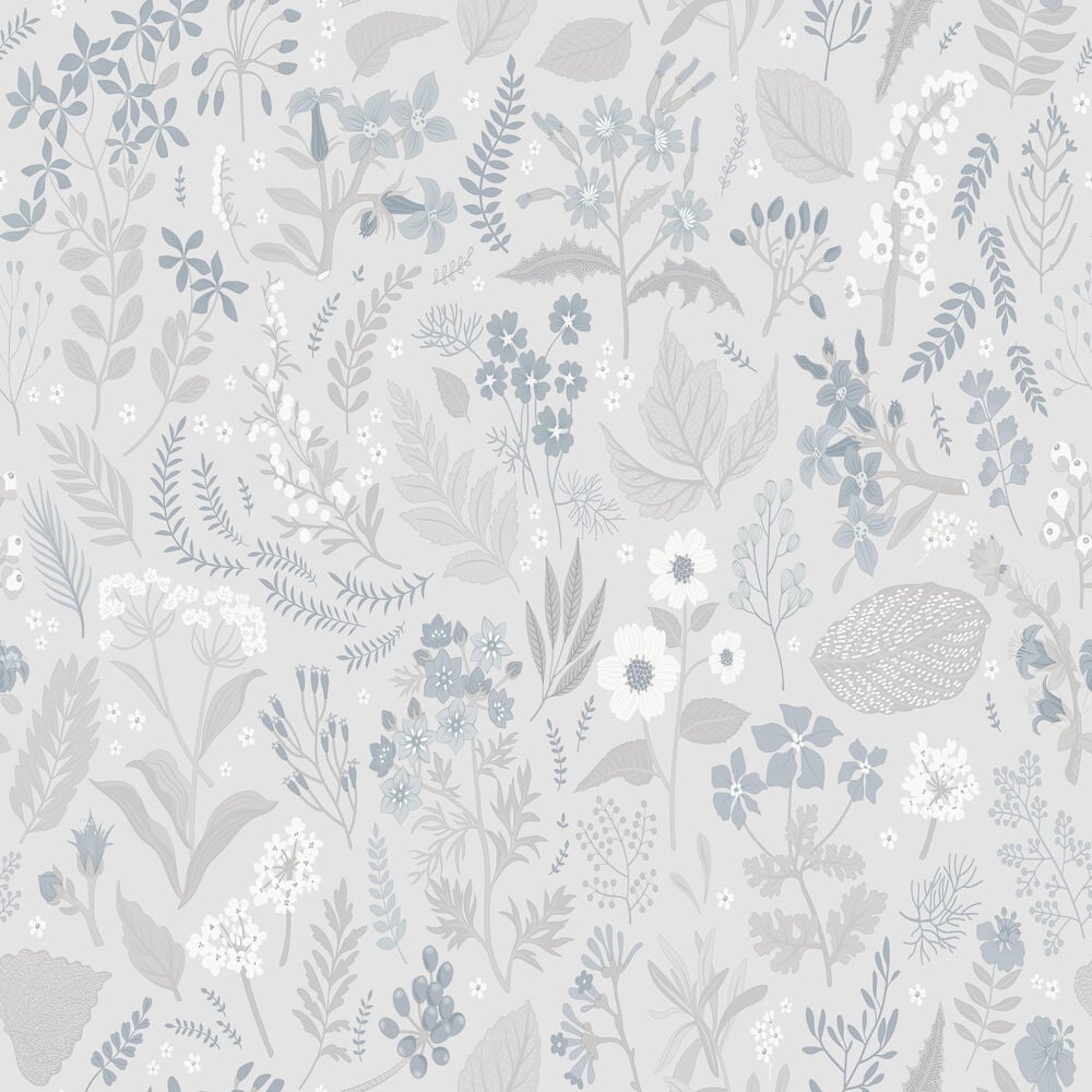 Blått blommönster på duvblå bakgrund tapet.