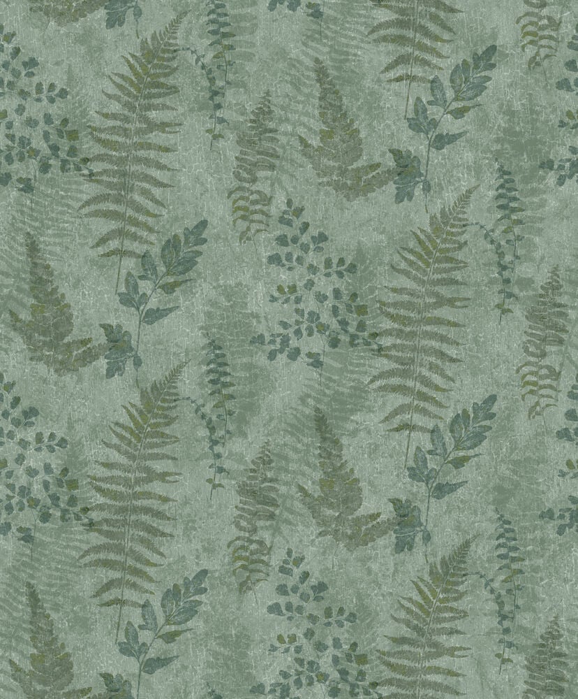 Grön tapet med ormbunksmönster och växtmotiv.