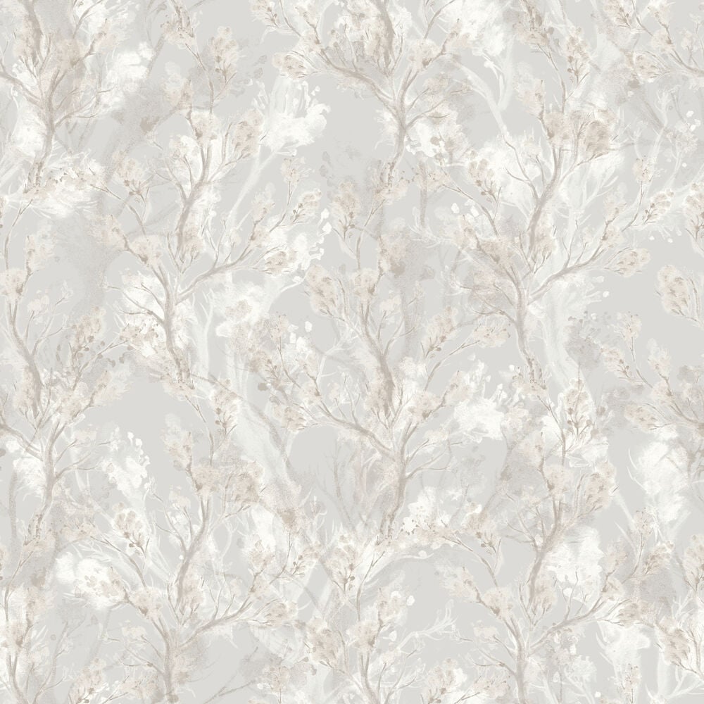 Grå tapet med mönster av bomullsblommor.