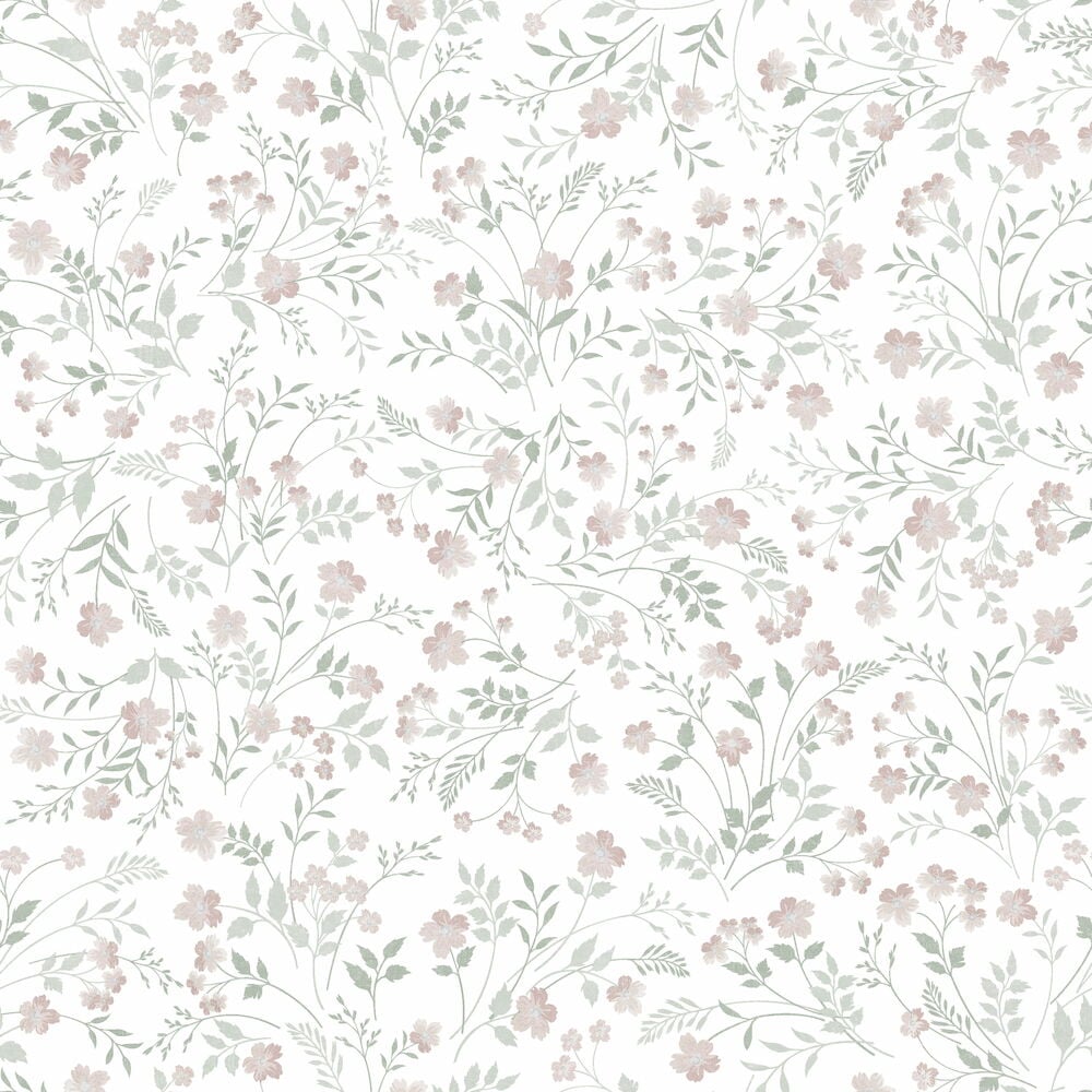 Blommig tapet med rosa nejlikor och grönska.