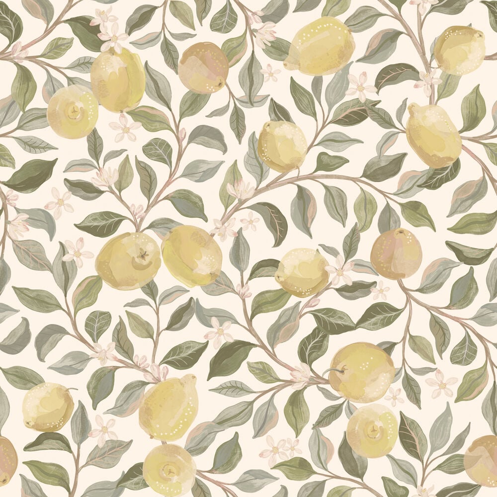 Gul tapet med citronmönster och gröna blad.