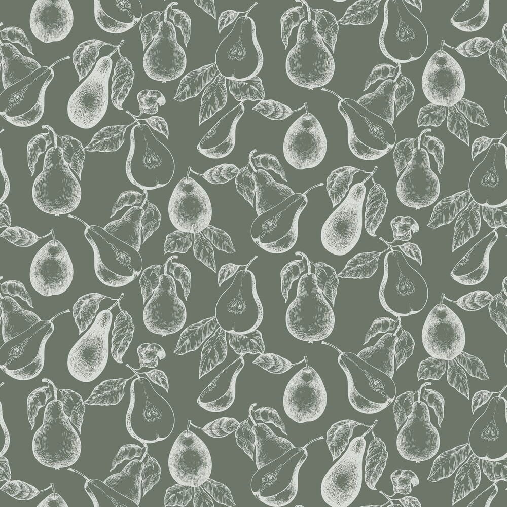 Grön tapet med vita päron och bladmotiv.