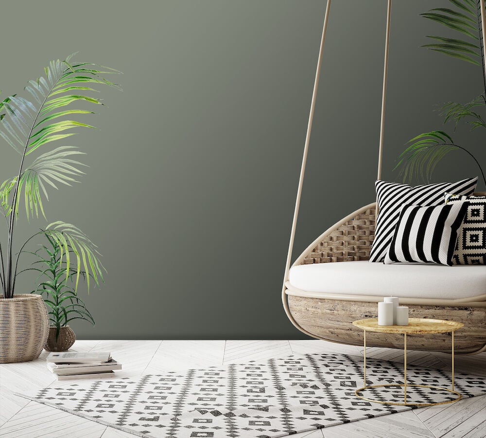 Grön matt tapet med hängstol och växter.