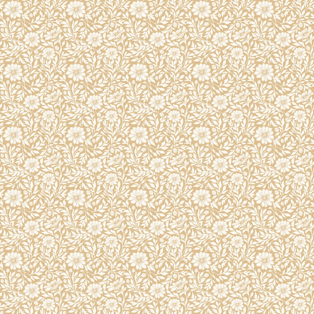 Gul tapet med vitt anemonmönster och struktur.