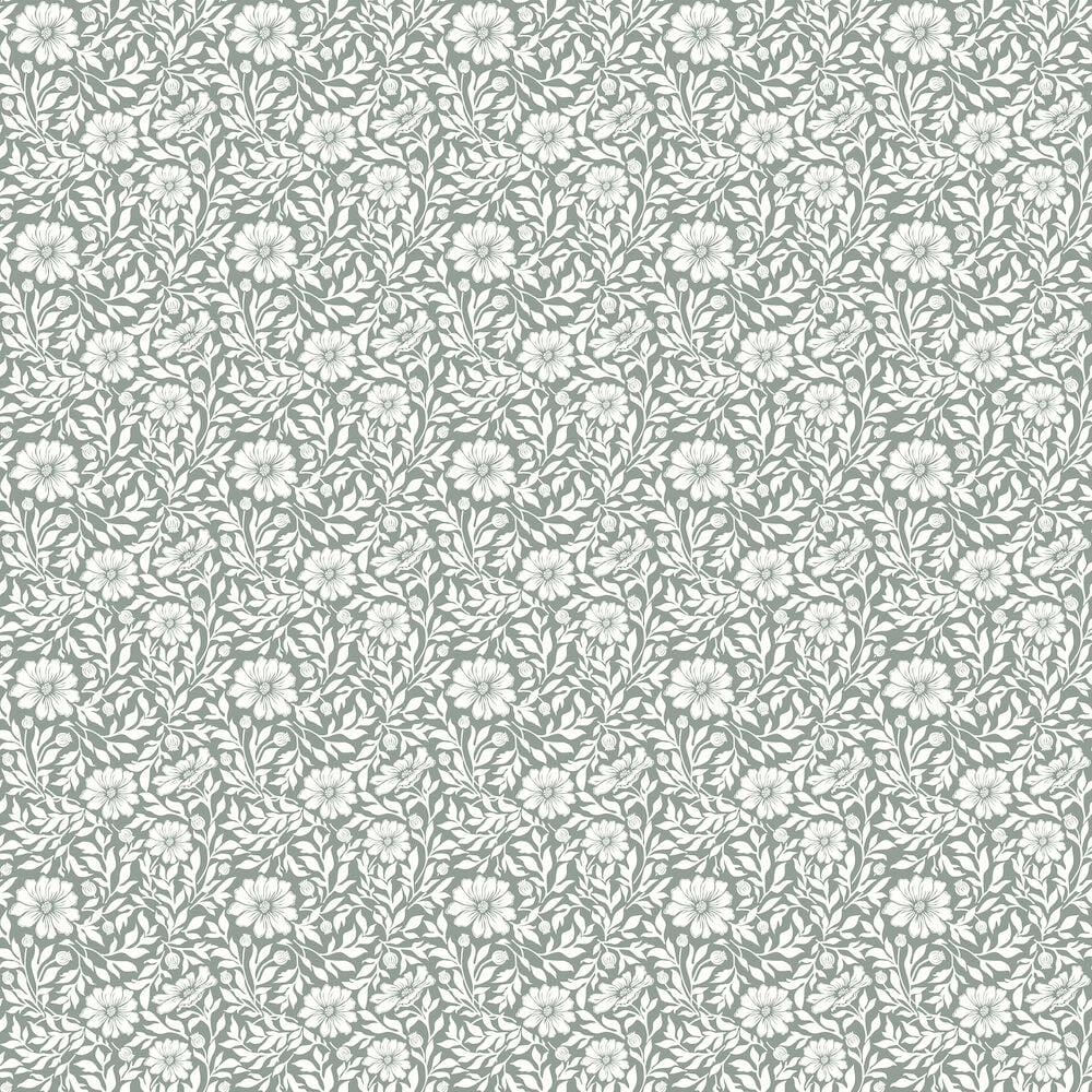 Grön tapet med vitt anemonmönster och blad.