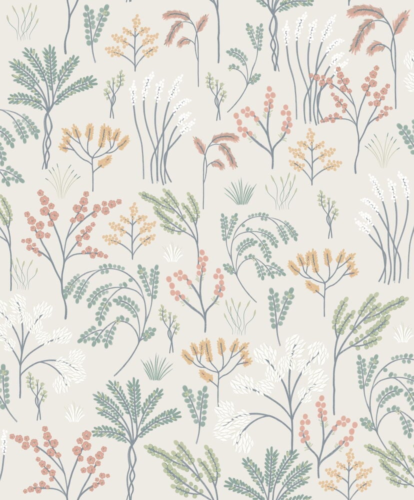Beige tapetti, jossa on pieniä kukkia ja kasvikuviota.