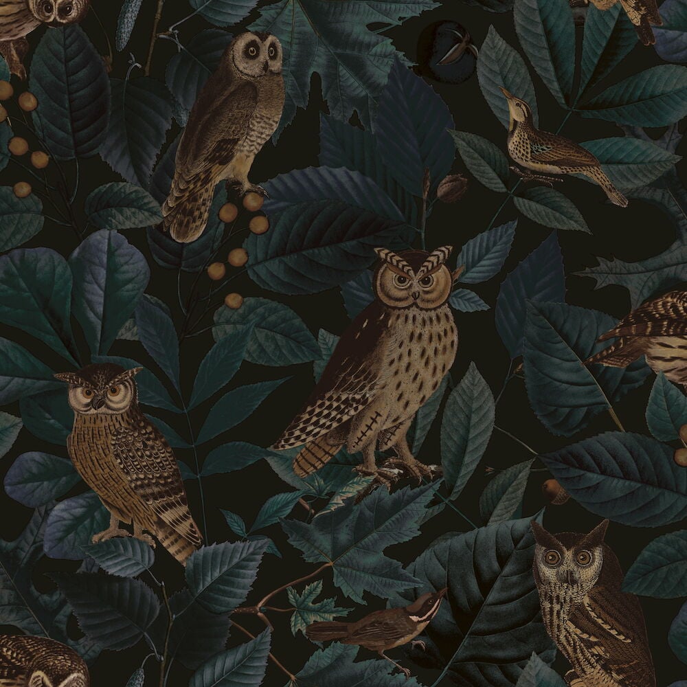 Mörkgrön tapet med ugglor och gröna blad.