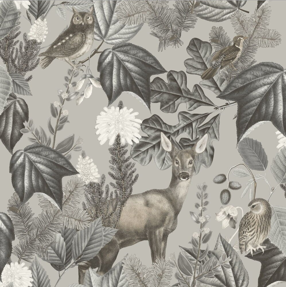 Grå tapet med rådjur fåglar och stora blad.