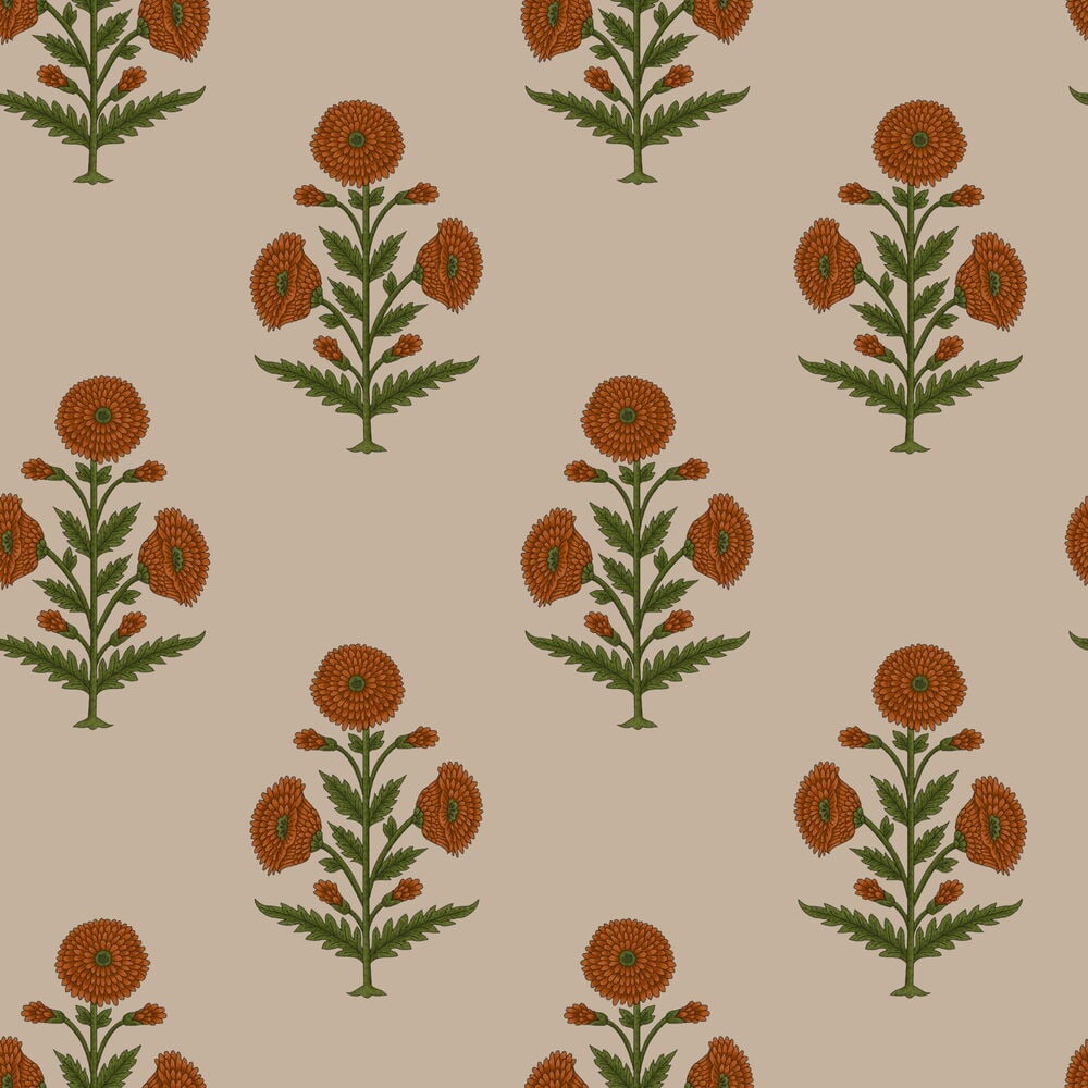 Tapet med folkloristiskt blommönster i jordnära färger.