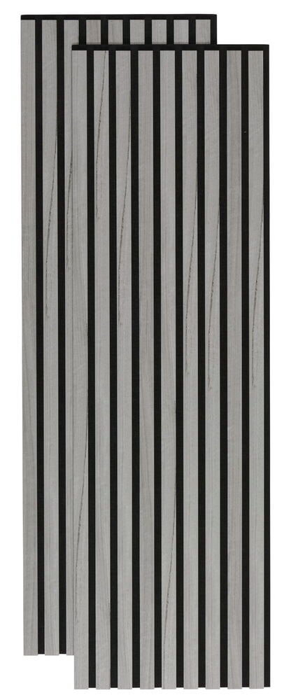 Två grå akustikpaneler med svarta ribbor.