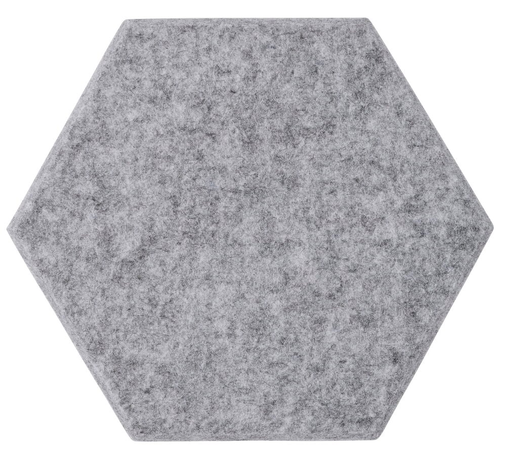 En grå heksagonal 30x26 cm PET filtet veggpanel.