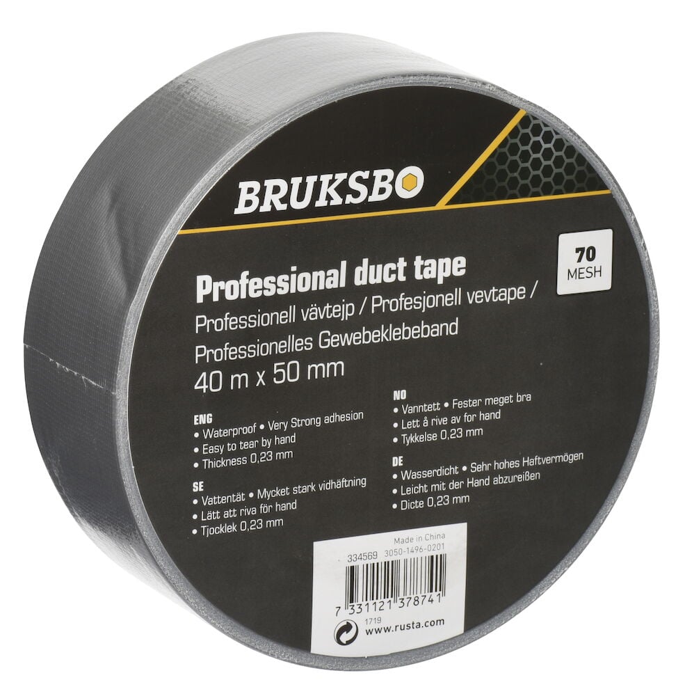 Hopearullainen kangasteippi, jossa musta etiketti.