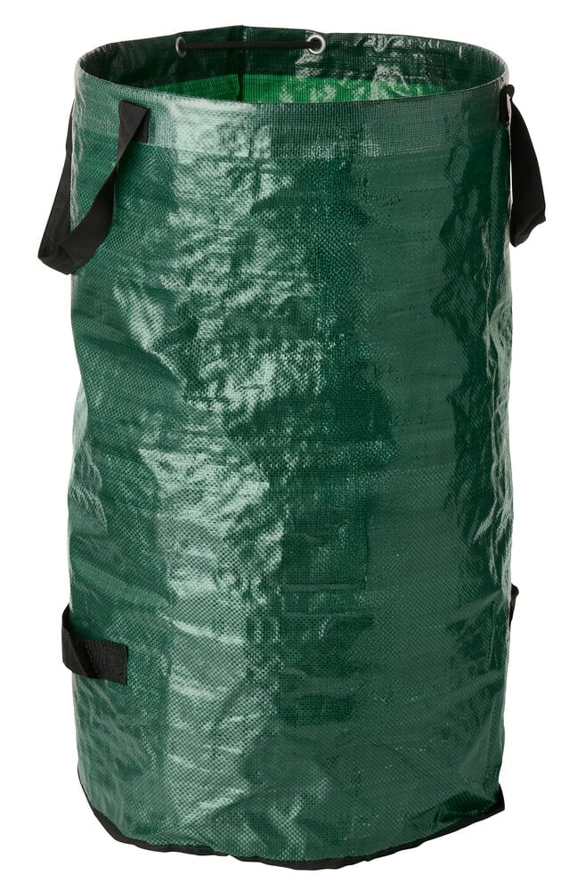 Trädgårdssäck 1-pack 1-pack, mörkgrön vävd, med svarta handtag och dragsko upptill.