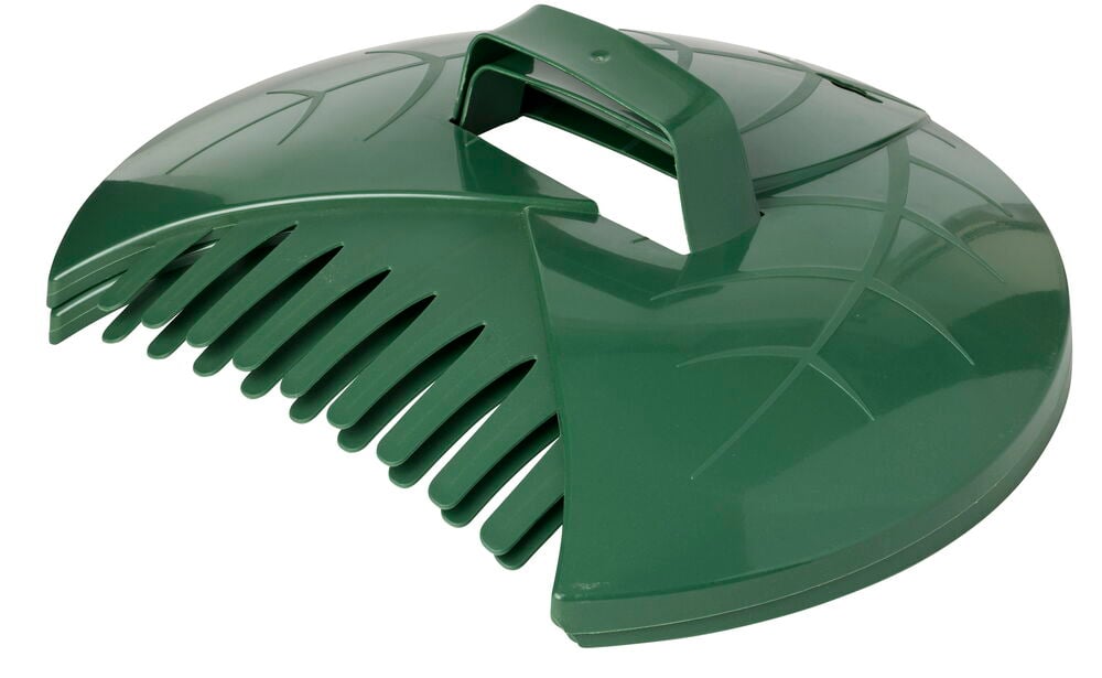 Grön lövuppsamlare i PP-plast med handtag och bladnervsmönster.