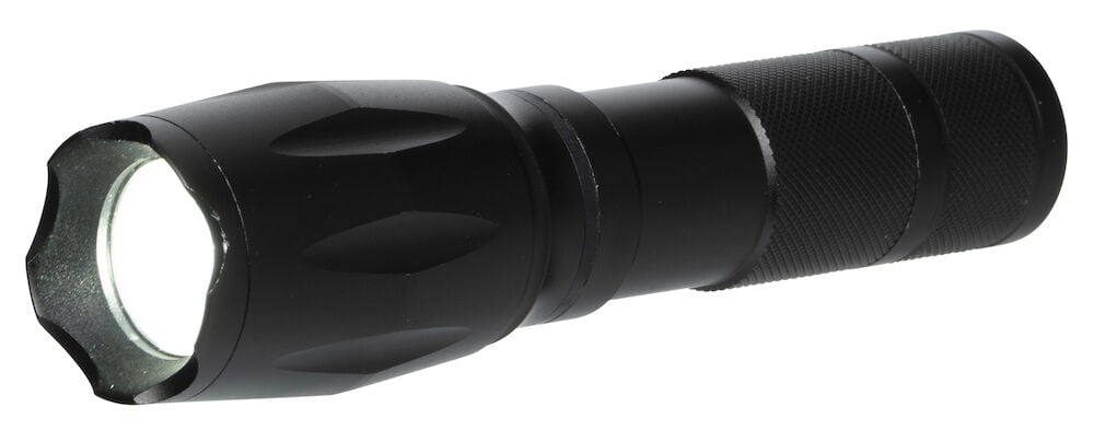 Schwarze LED-Taschenlampe mit texturiertem Griff.