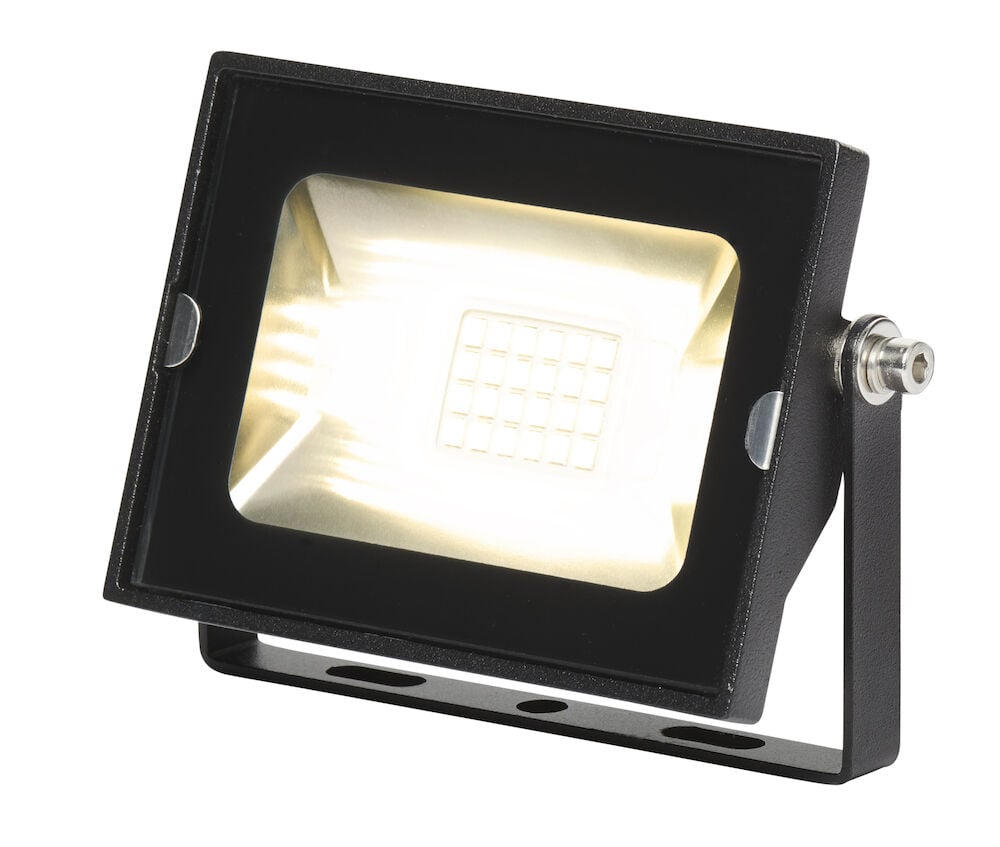 Musta LED-työvalo asennuskiinnikkeellä ja lasia etupaneelilla.