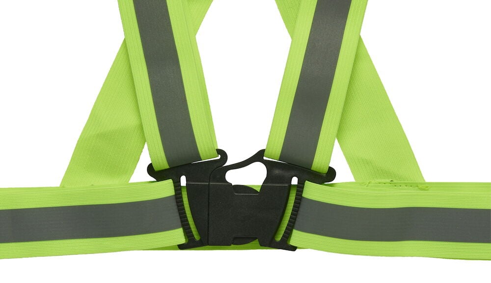 Neongrön reflexsele med svarta spännen och grå ränder.