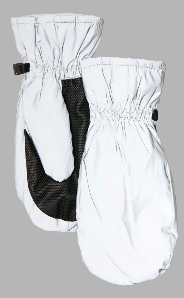 Valkoiset heijastinhanskat mustalla otepinnalla ja joustoreunalla.