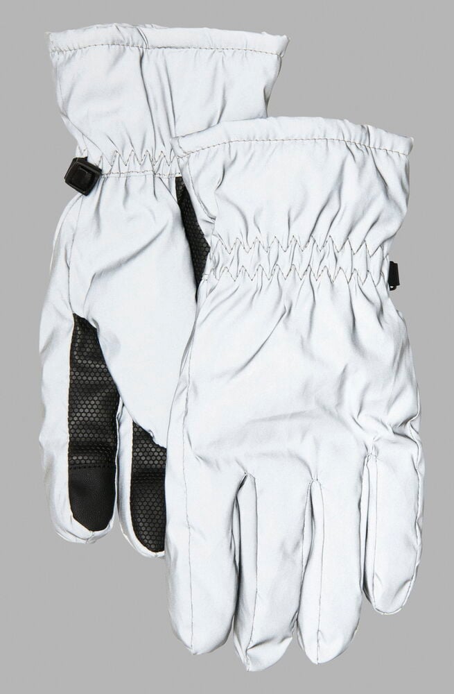 Kaksi valkoista heijastinhanskaa mustalla tarttumapinnalla.