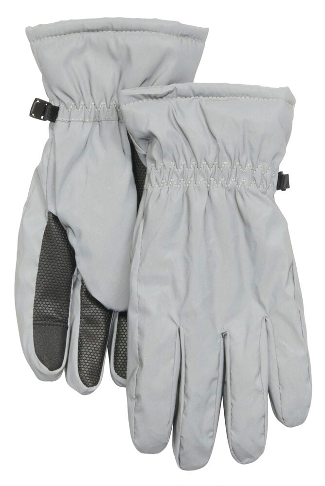 Pari harmaita heijastavia hanskoja, joissa on hyvä tartuntapinta.