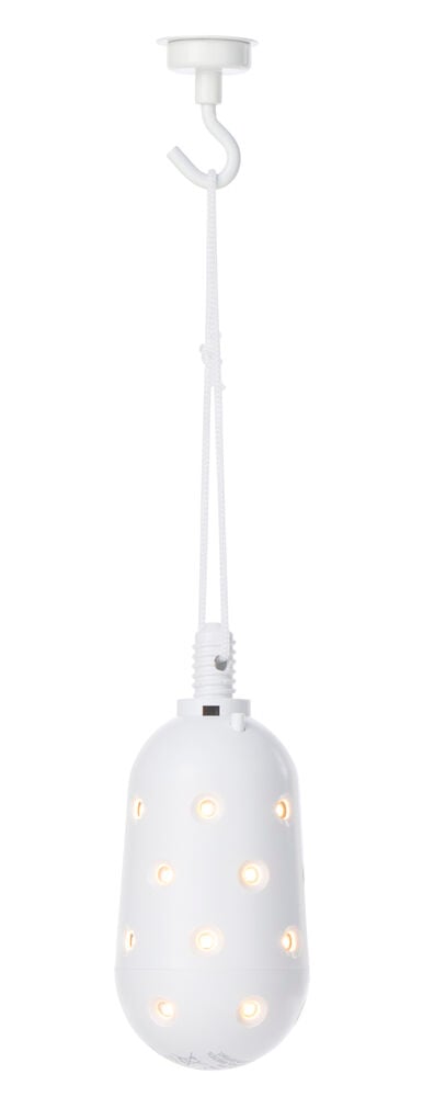 Hvit eggformet LED-lampe med små lysende hull, hengende fra en hvit takkrok med en tvunnet ledning.