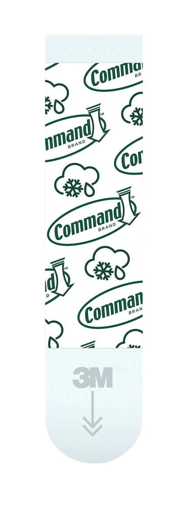 En vit Command utomhus självhäftande remsa med gröna logotyper och väderikoner, med en 3M-logga och nedåtpil.
