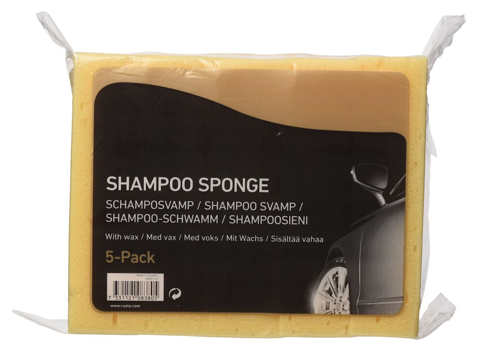 Verpackung mit fünf gelben Shampooschwämmen für die Autowäsche.