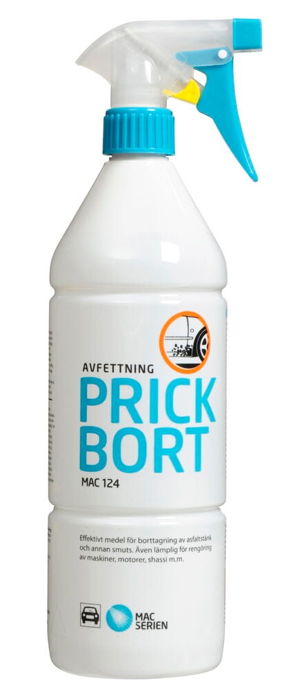 Vit sprayflaska med blå etikett och sprejhandtag.