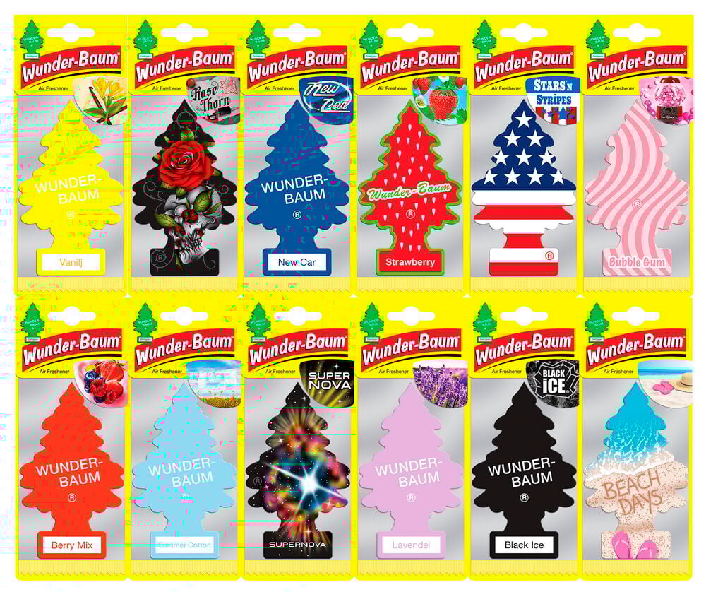 Olika doftgranar i färgglada förpackningar från Wunder-Baum.