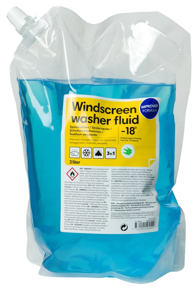 Genomskinlig påse med blå spolarvätska tre liter.