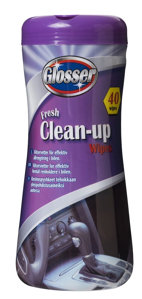 Lila burk med våtservetter för bilrengöring.