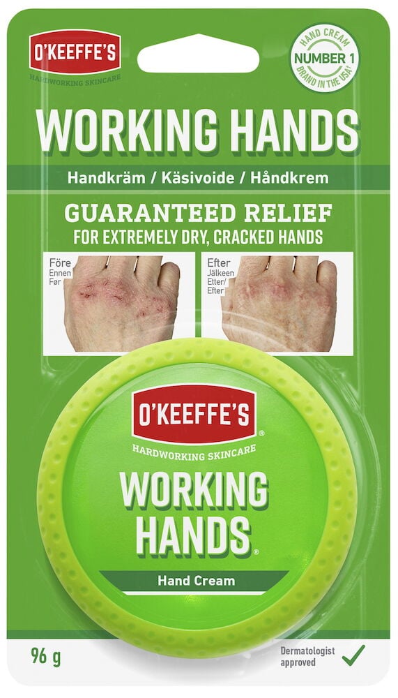 Grön burk O’Keeffe’s handkräm för torra händer.