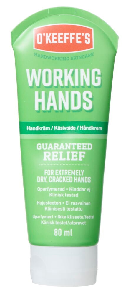 Grønn tube med håndkrem for tørre og sprukne hender.